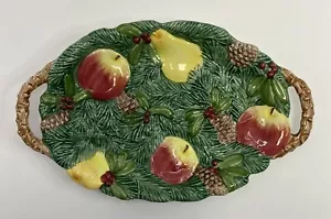 FITZ AND FLOYD Woodland 12" Oval Handled Platter CHRISTMAS Apple Pears Pinecones - Picture 1 of 7