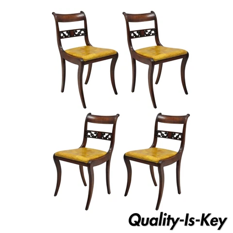 4 Mahogany Carved Plume & Acanthus Regency Style Saber Leg Dining Side Chairs Cover