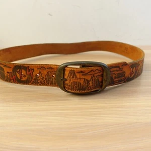 Southwestern Tooled Leather Belt Men 32 Brown Landscape Cars 4x4 Truck Ranch USA - Picture 1 of 13