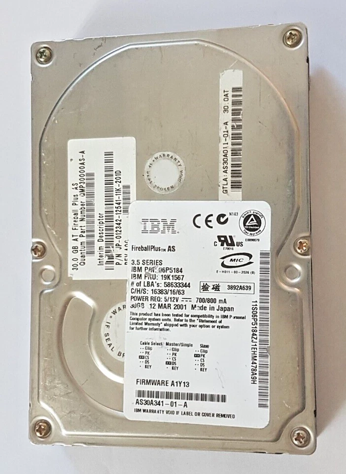 30 GB IDE IBM FireballPlus AS FRU:19K1567 7200RPM 2MB HDD 3,5" intern Festplatte - Bild 1 von 1
