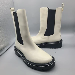 TORY BURCH Womens Benton Boots Pull On Chelsea Ivory Leather Midcalf sz 8 New - Picture 1 of 12