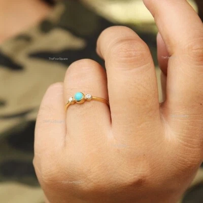 Anillo de alianza de boda lateral de plata 925 turquesa y 2 diamantes, anillo de tres piedras preciosas Foto 1 de 4