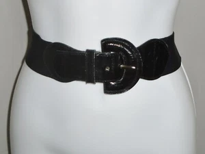 Ladies VTG 1980s Black Elastic Belt Leather Buckle Silver Metal Prong Sz S VGUC - Picture 1 of 4