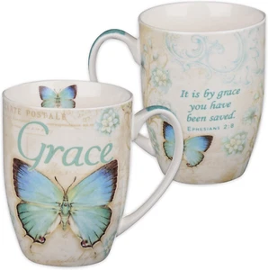 Elegant 12 oz Ceramic Coffee Mug with Blue Butterfly and Fl - Picture 1 of 6
