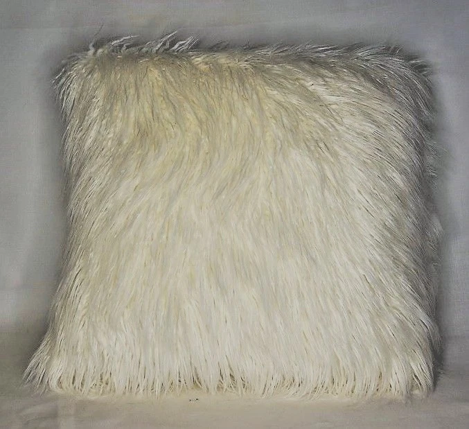Ivory white long curly faux fur Mongolian sheepskin decorative throw pillow - Image 1 of 1
