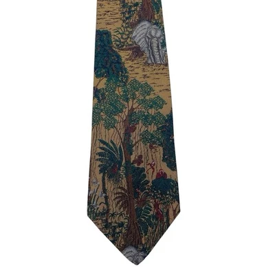 Gravata de seda vintage XMI Nordstrom costurada à mão safári selva elefante macacos pássaros - Imagem 1 de 4