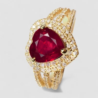 925 Sterling Silver Blood Red Ruby Heart 2.80Ct 24K Gold Plated Rings Size 9.25 - Image 1 of 4