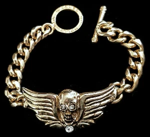 WASHED UP HOLLYWOOD GOLD FINISH CRYSTAL SKULL CHAINLINK BRACELET SIZE 8.5" - Picture 1 of 4