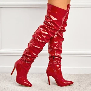 Women's high heels folded and stacked over the knee side zipper high heels shoes - Picture 1 of 26