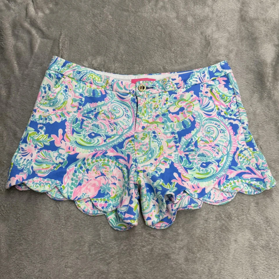 Shorts feminino Lilly Pulitzer 14 azul rosa manteiga copo vieira bainha paisley verão - Imagem 1 de 4