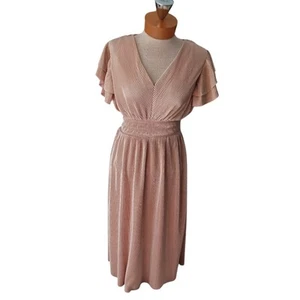 Vestido formal Chenault para mujer metálico acanalado con volantes talla mediana rosa pétalo nuevo con etiquetas - Imagen 1 de 8