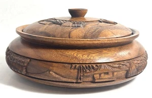 "Cuenco de madera tallado a mano vintage de 10"" con tapa hecho en Filipinas • Monkeypod" - Imagen 1 de 6