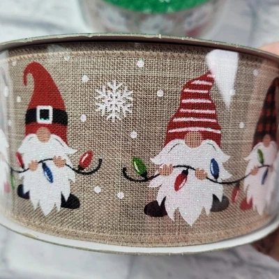 50 yards of Gnome Wire Edge Burlap Holiday Ribbon Christmas  - Image 1 of 4
