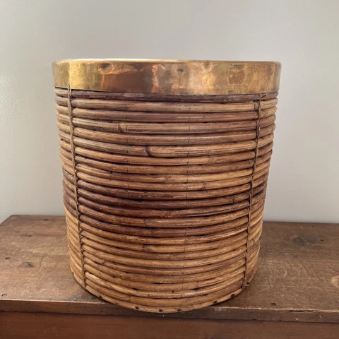Vintage Mid Century Italian Pencil Reed Bamboo Rattan Log Basket Cover