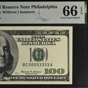 1999 $100 Federal Reserve Note PMG 66EPQ Gem Double Quad Binary Serial Number - Picture 1 of 3