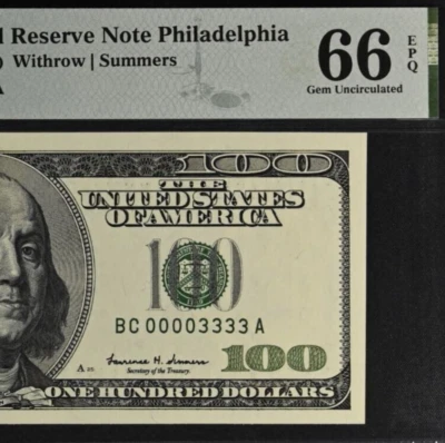 1999 $100 Federal Reserve Note PMG 66EPQ Gem Double Quad Binary Serial Number - Image 1 of 3