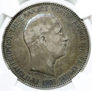1901 CRETE under GREECE KING GEORGE I 0.72oz SILVER 5 Drachmai Coin NGC i117858 - Picture 1 of 4