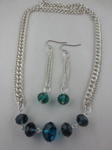 Silver Plated Faceted Blue/Teal/Green Glass Bead Necklace Dangling Earrings N1 - Picture 1 of 2