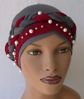 Grey & Burgundy Trendy Pearl Bead Braided Turban Hijab Headcover Chemo Cap