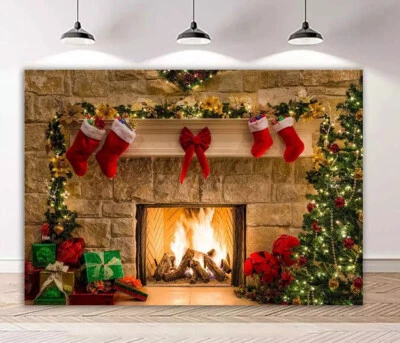 7×5FT Christmas Backdrop Large Xmas Fireplace Tree Photography Background Party - Image 1 of 4