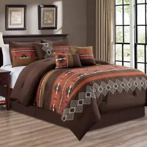 Spice Orange Coffee Brown Southwestern Navajo 7 pc Comforter Set Queen King Bed - Picture 1 of 6