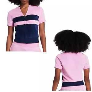 Juicy Couture Blouse Full Zip Velour Short Sleeve Pink Blue Striped Size M - Picture 1 of 15