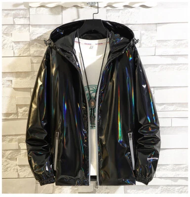 Metallic Jacket for Men's Solid Zipper Sparkle Shiny Hooded Windbreaker Casual - Image 1 of 4