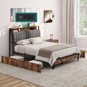 Arbrest Queen Linen Upholstered Platform Bed Frame with Headboard and Storage - Picture 1 of 10