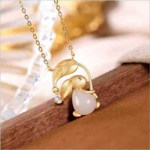 Collar Colgante Conejo Jade Blanco Plata 925 Vintage Joyería Natural - Imagen 1 de 6