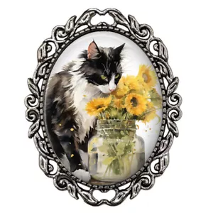 Broche de esmoquin gato parar a oler girasoles negro blanco gato amante regalo - Imagen 1 de 5