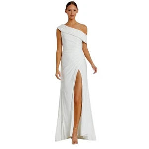 Mac Duggal weiß Foldover Schulterfrei Schlitz Kleid Stil 26517 Größe 8 Neu mit Etikett - Bild 1 von 9