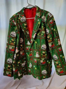 Men's Abominable Snowman Elf Cats Ugly Christmas Party Green Blazer Size XL EUC - Picture 1 of 12