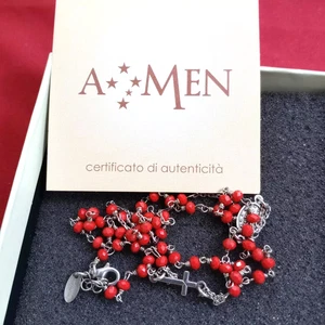 Collana rosario grani rossi croce cristiana argento 925 Amen scatola originale - Picture 1 of 12