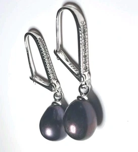 925 Sterling Silver NATURAL Freshwater Black Pearl Earrings  [EAR199] - Picture 1 of 5