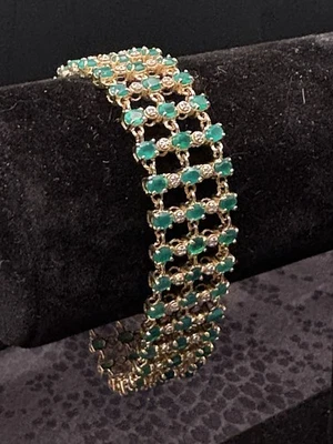 "Un impresionante brazalete de plata de ley 925 lavado en oro 8"" esmeralda y diamantes 29 g" Foto 1 de 4