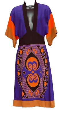 Vestido de punto naranja púrpura vintage de los años 90, cuello en V profundo bloque de color boho M Foto 1 de 4