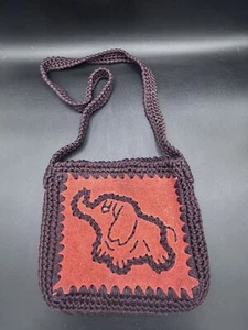 VTG Handmade Leather & Crocheted Elephant Brown & Orange Handbag Purse Woman's - Picture 1 of 9