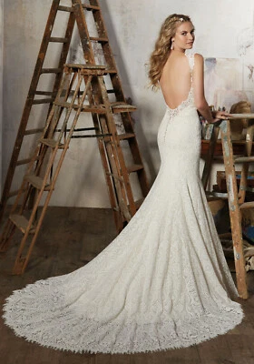 Morilee 8104 Macy Bridal Wedding Dress Lace Fit Flare Fitted Cap Sleeve Low Back - Image 1 of 4