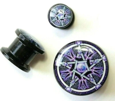 Pentacle Pentagram Star Purple Wicca Goth Logo Screw Fit Tunnel Ear Plug Earring - Image 1 of 4