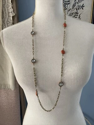 LOFT Ann Taylor Necklace Long Layering Matte Gold Rhinestones Beads Orange 36" - Image 1 of 4