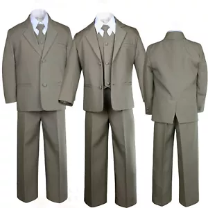 5pc Boy Toddler Kid Teen Wedding Dark Khaki Blazer Formal Tuxedo Suit Set S-14 - Picture 1 of 6