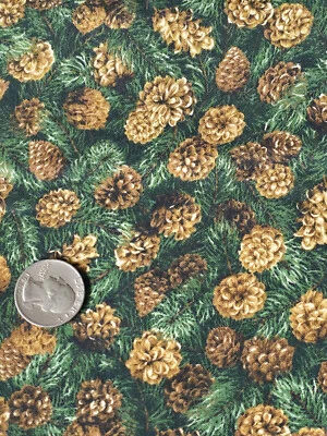 2 Yds Pine Tree Branches & Pine Cones Fabric Green & Brown Cranston Prints - Image 1 of 3