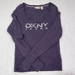 Vtg Y2K DKNY Purple V-Neck Knit Sweater Women's Size XL Spellout Logo Fitted 90s - Picture 1 of 8