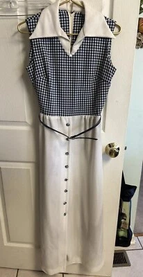 Maxi Vestido Vintage Años 60 70 Azul Blanco Mod Hecho en Unión Med 34 Busto Guinga Cinturón a Cuadros Foto 1 de 4