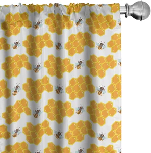 Cartoon Window Curtains, Bumble Bee along Honey Comb Pattern Hexagonal Themed Il - Picture 1 of 6