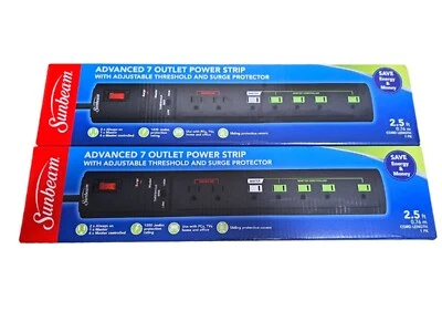 X2 Sunbeam Black Advanced 7 Outlet Power Strip Surge Protector New In Box - Image 1 of 3