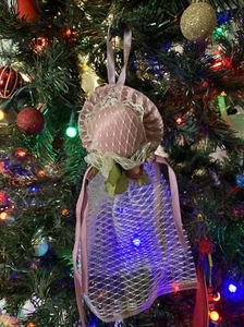 Victorian Pink Mauve Satin Hat Hanging Christmas Ornament with Floral Decor Lace - Picture 1 of 13