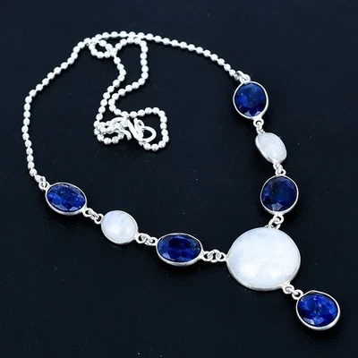 Collar hecho a mano con piedra lunar arco iris enchapado en plata 925 de 17"-18" Foto 1 de 3