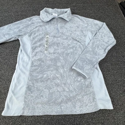 Pulôver feminino Columbia XL cinza azul lã quarto de zíper pescoço simulado estampa floral - Imagem 1 de 4