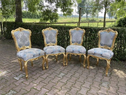 Louis XVI Style 4 dining chairs - Blue Damask Gold Leaf Cover